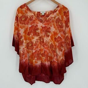 Sundance Sunrise Garden Floral Blouse Short Flutter Sleeve‎ Orange Women Large